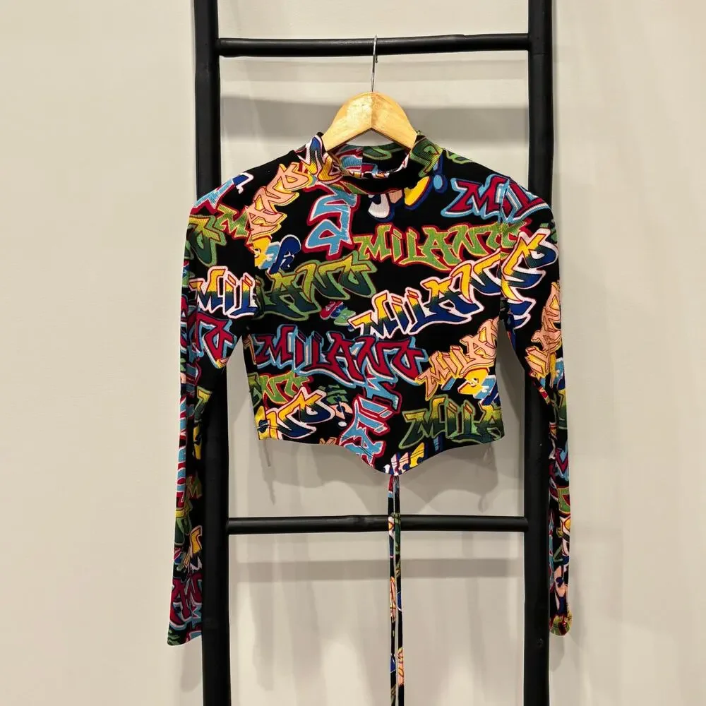 Y2K Graffiti Print Long Sleeve Crop Top - Just Polly NY - Streetwear Clubwear M - Picture 2 of 5